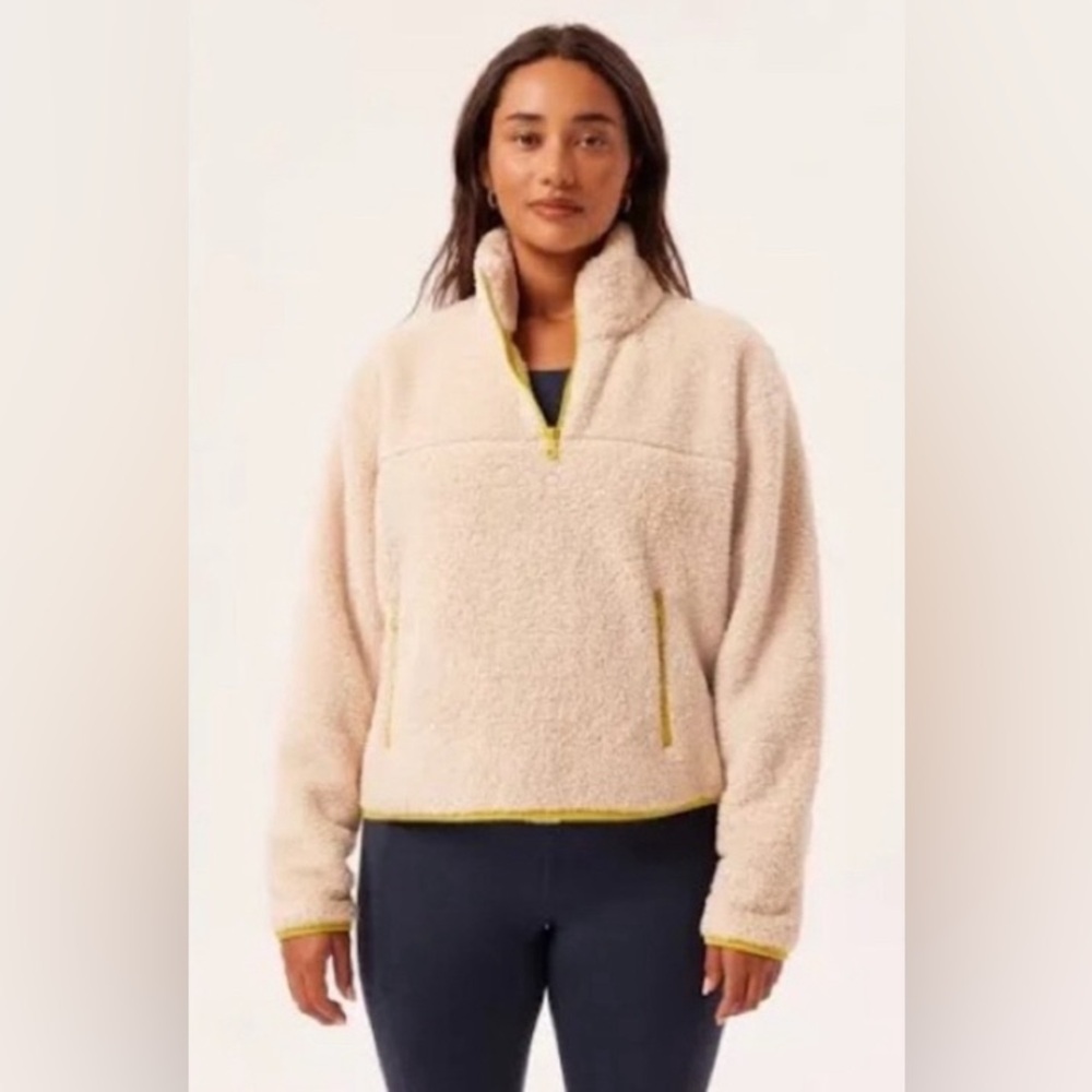 Girlfriend Collective Cream/Yellow Green Fleece Zip Pullover- Small